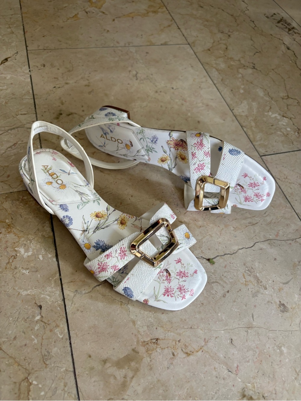 ALDO White Floral Gold-Buckle Slingback Sandals